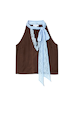 Chocolate brown multi-wear top featuring a light blue lace tie-neck fastening and V-neckline.