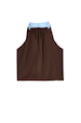 Chocolate Blue Lace Top in brown viscose with a blue lace halter neck and gathered detail, designed in London.