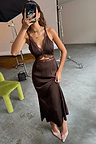 Chocolate Mimi Dress with lace trims and an under-bust cutout detail, styled in a studio mirror selfie.