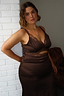Chocolate satin Mimi Dress with lace trims and an under-bust cutout, highlighting inclusive sizing.