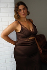 Chocolate satin Mimi Dress with lace trims and an under-bust cutout, highlighting inclusive sizing.