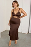 Chocolate Mimi Dress with lace trim and an under-bust cutout detail, styled on a curve model for inclusive sizing.