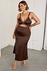 Chocolate Mimi Dress with lace trim and an under-bust cutout detail, styled on a curve model for inclusive sizing.