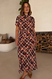 Chocolate Brown Check Floral Lottie Skirt with pink checks and orange motifs, styled as a matching midi co-ord.