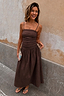 Thumbnail for Chocolate Lola Mid-axi Dress featuring a ruched bodice and full skirt, styled for a casual vacation look.
