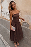 Thumbnail for Chocolate Lola Mid-axi Dress in brown cotton with a ruched bodice and full skirt, a versatile vacation staple.