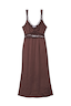 Chocolate brown Mimi Dress featuring elegant lace trims on the neckline and a subtle under-bust cutout.