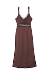 Chocolate brown Mimi Dress featuring elegant lace trims on the neckline and a subtle under-bust cutout.