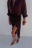 Thumbnail for Iconic Chocolate Sequin Jaspre wrap skirt paired with a dark brown shirt and tan pointed-toe heels.
