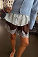 Chocolate and Blue Lace Shorts in brown satin with blue lace trim, styled with a blue knit cardigan and shirt.