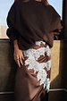 Chocolate Lily Skirt in satin with light blue lace detailing, styled with a cosy brown jumper.