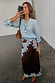 Chocolate Lily Skirt in brown satin with light blue lace detailing, styled for a mirror selfie London look.