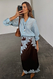 Chocolate Lily Skirt in brown satin with light blue lace detailing, styled for a mirror selfie London look.