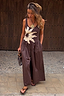 Chocolate Sun Poplin Jumpsuit with a soleil motif, fitted bodice and brown wide leg trousers in a cotton blend.