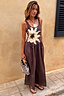 Chocolate Sun Poplin Jumpsuit with a cream sun motif bodice and wide leg trousers in brown cotton.