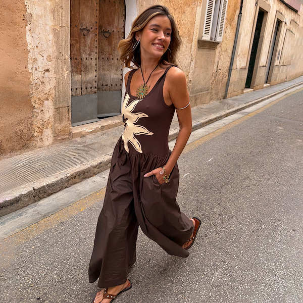 Chocolate Sun Poplin Jumpsuit | Soleil Print Wide Leg - Never