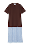 Thumbnail for Chocolate brown Cara T-shirt dress with a cotton top and a contrasting blue floral lace skirt.