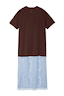 Chocolate Cara T Shirt Dress featuring a brown cotton top and blue lace skirt insert, back view.