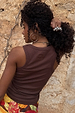 Chocolate Ribbed Tank with an embroidered NFD logo on the back, paired with a colourful floral skirt.