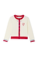 Cream Choose Love Cardigan featuring red ribbed trims, embroidered heart and star motifs, and blue scalloped cuffs.