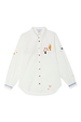 Choose Love Miley Shirt in white cotton featuring colourful embroidery, tortoiseshell buttons and scalloped blue cuffs.