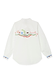 White cotton Choose Love Miley Shirt featuring a colourful back illustration and scalloped cuffs, designed in London.