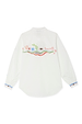 White cotton Choose Love Miley Shirt featuring a colourful back illustration and scalloped cuffs, designed in London.