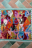 Square Circus Bandana featuring a multicoloured alphabet print and teal checkered border, shown flat on a tiled floor.