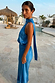 Cobalt Lily Top in blue satin-esque fabric with a multi-wear tie neck, styled as a vacation co-ord by a pool.