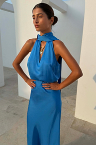 Cobalt Lily Top in blue satin-feel fabric with a multi-wear tie neck, styled as a co-ord with a matching skirt.