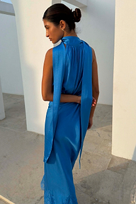 Cobalt Lily Top in cobalt blue satin-esque fabric featuring long multi-wear ties and a gathered high neckline.