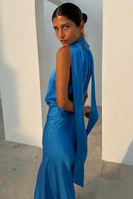 Cobalt blue Lily Top in a satin-feel fabric with multi-wear neck ties, styled as a co-ord and designed in London.