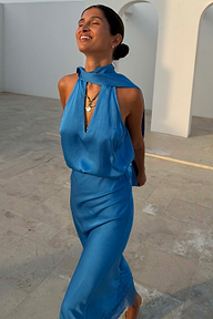 Cobalt Lily Top in blue satin-feel fabric with multi-wear tie neck fastenings, paired with a matching skirt.