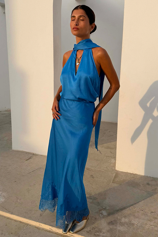 Cobalt Maeva Midi Skirt with lace hem detailing, paired with the matching Lily top for a co-ord look.