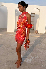 Coral Fawn Poppy Mini Maeva Skirt with pink floral and deer prints and lace trim, styled as a matching co-ord set.