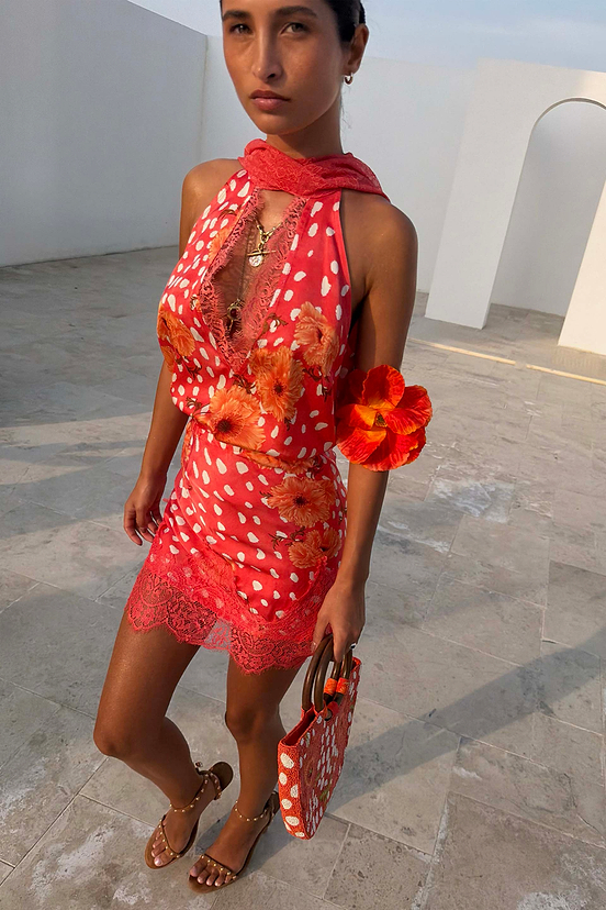 Coral Fawn Poppy Mini Maeva Skirt with lace trim, worn as a co-ord set featuring poppy and deer prints.