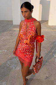 Coral Fawn Poppy Lily Top featuring poppy motifs, deer print and lace trim, styled as a vibrant coral co-ord.