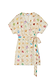 Thumbnail for Cream Shell Mini Wrap Dress with multicoloured seashell motifs, gold foil accents, and a side tie fastening.