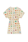 Cream Shell Mini Wrap Dress with vibrant seashell motifs and gold foil spots, featuring a back wrap tie detail.