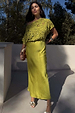 Green Shell Crochet Tilly Dress featuring a shell-embellished crochet top and a satin midaxi skirt.