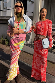 Pink Dallas Dorris Skirt in an in-house abstract cowboy print, styled as a midi skirt with a matching cardigan.