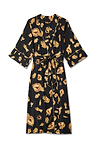 Black satin Deloris robe with gold-tone hand, eye and heart motifs, a wrap front and a matching waist tie.