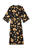 Deloris Satin Robe in black featuring gold hand, heart and eye motifs with a waist tie fastening and wide sleeves.