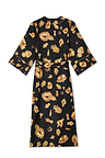 Deloris Satin Robe in black featuring gold hand, heart and eye motifs with a waist tie fastening and wide sleeves.