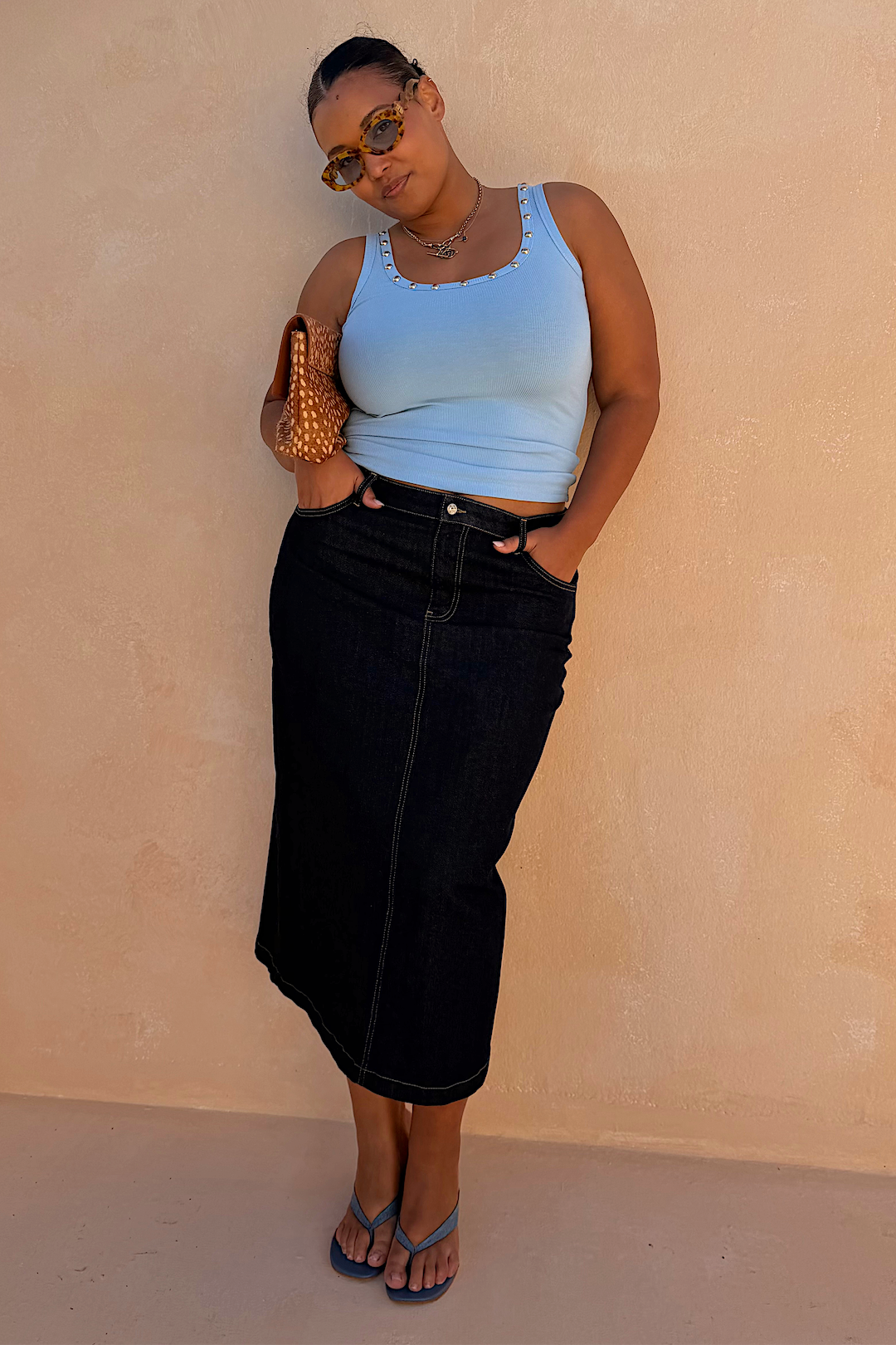 Denim Pencil Midi Skirt in Dark Blue