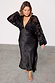 Black Swallow Romance Emma Dress with sheer devore sleeves and a swallow print satin skirt, showcasing inclusive sizing.