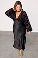 Black Swallow Romance Emma Dress with sheer devore sleeves and a swallow print satin skirt, showcasing inclusive sizing.
