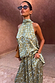 Green Diamond Print Halter Top in olive satin with a high neck, styled as a co-ord with matching trousers.