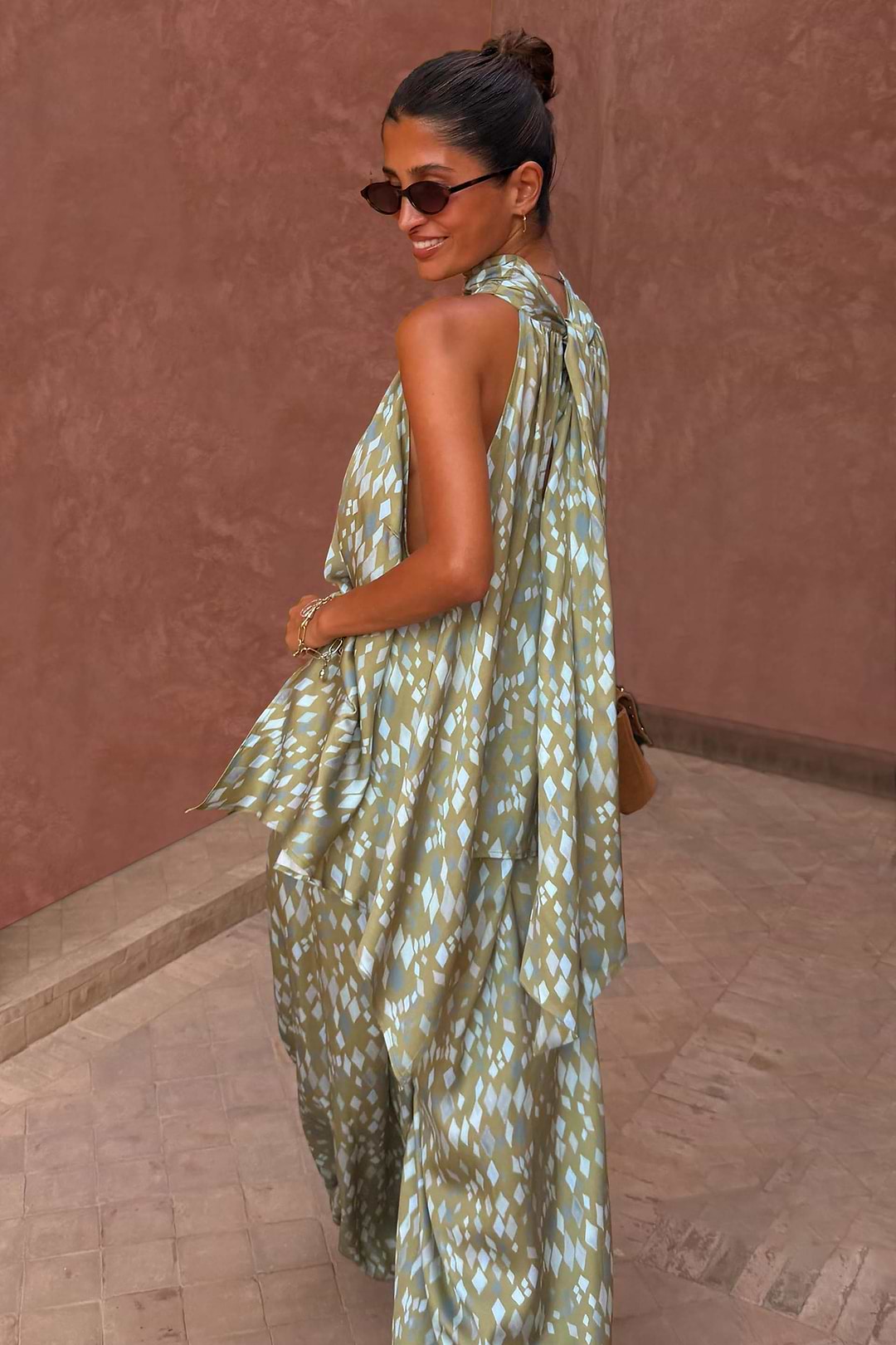 Green Diamond Print Halter Top