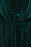 Emerald Velvet Tilly Dress detail showcasing the gathered waist and silver dot pattern on green velvet fabric.